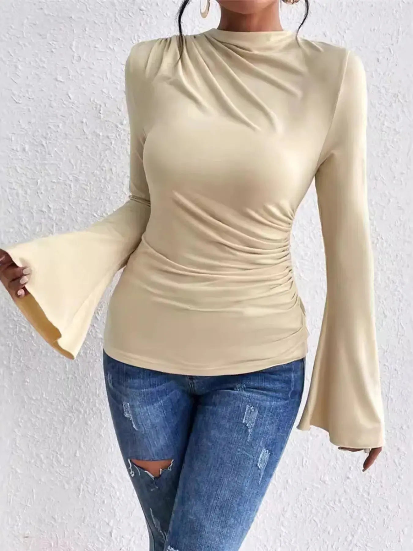 Bell Sleeve Fitted Ruched T Shirt with Mock Neck - Be Bliss Boutique