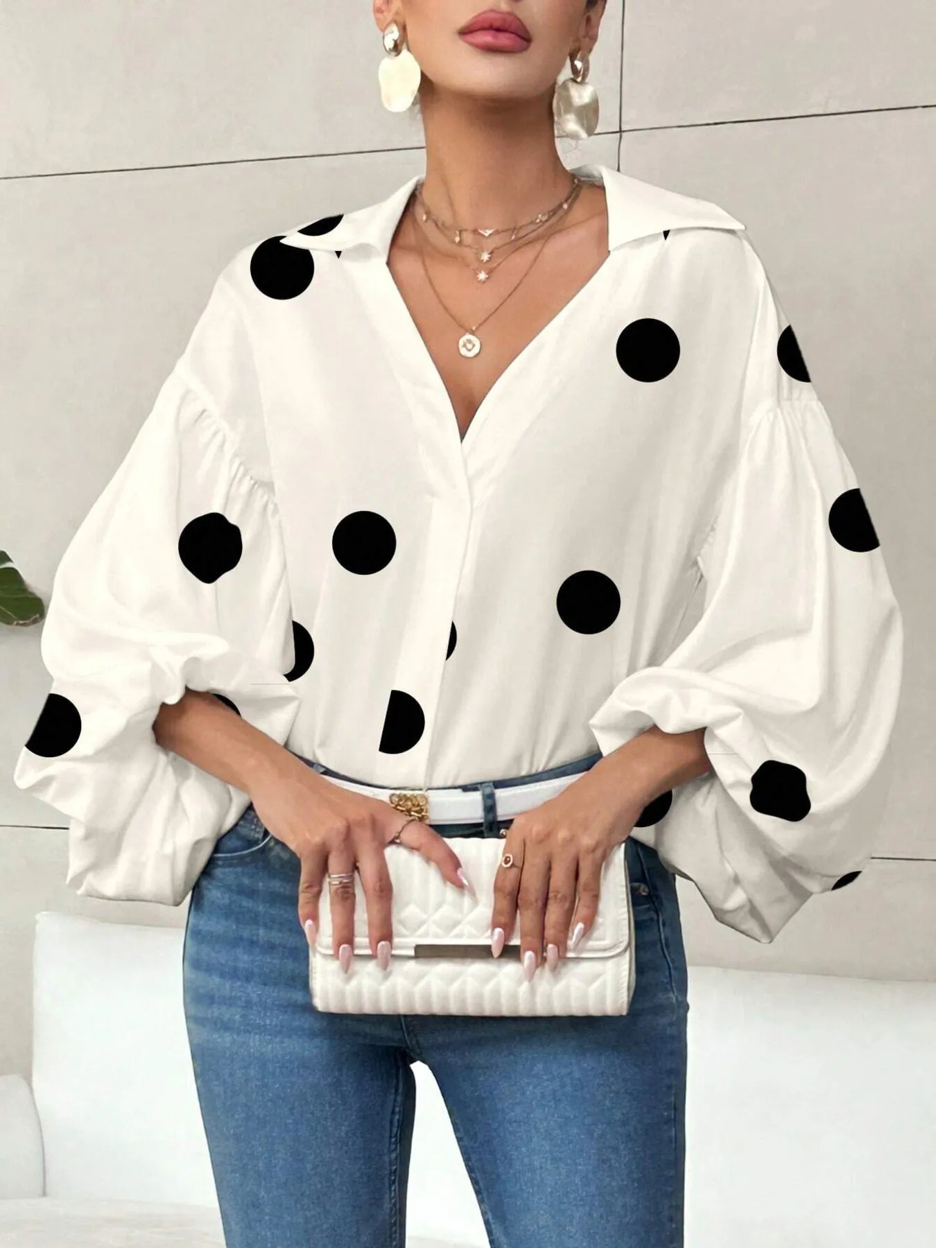 Polka Dot Balloon Sleeve Blouse - Be Bliss Boutique