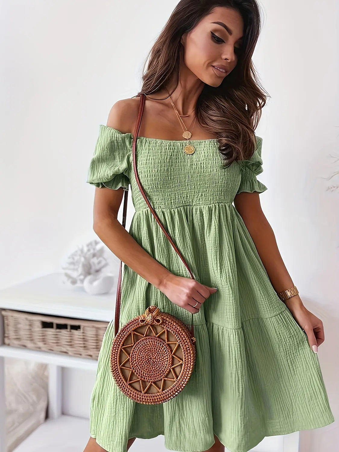 Full Size Ruffled Off Shoulder Short Sleeve Dress - Be Bliss Boutique