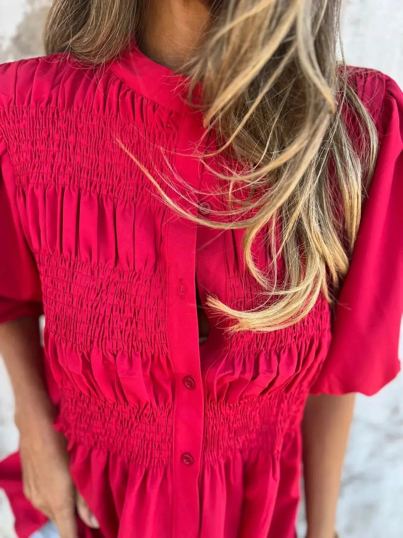 Full Size Red Smocked Button Puff Sleeve Blouse – Plus Size - Be Bliss Boutique