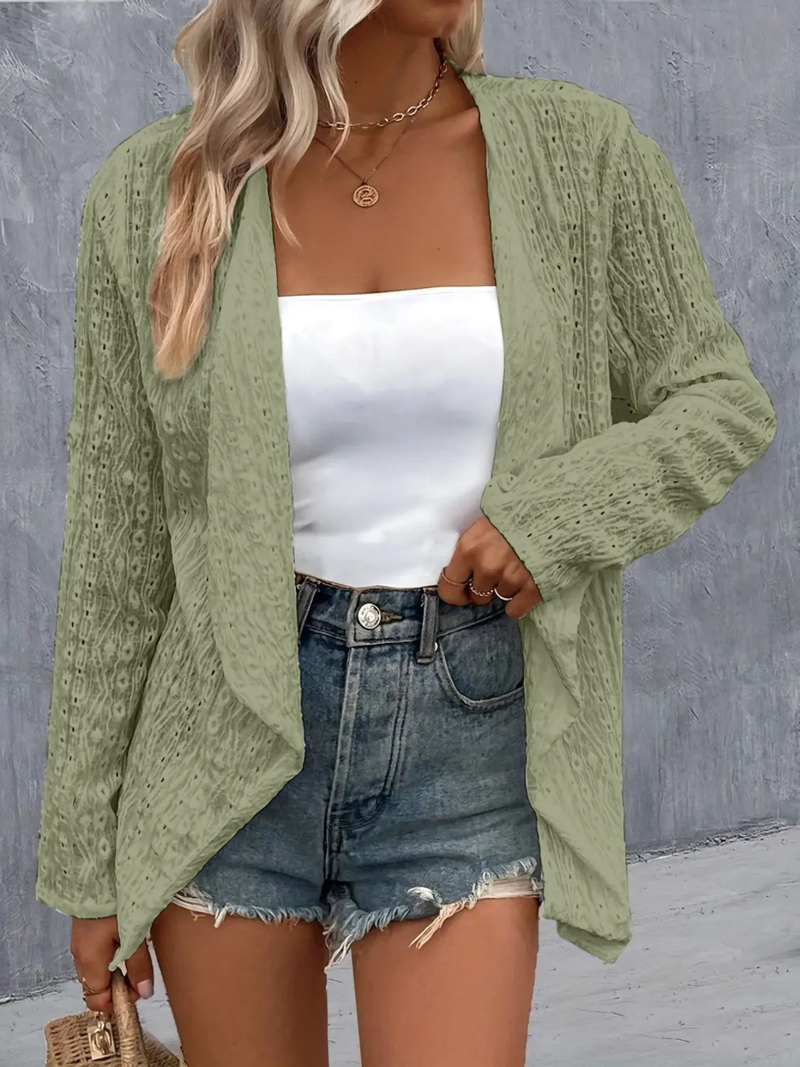Eyelet Roll-Tab Sleeve Cardigan - Be Bliss Boutique