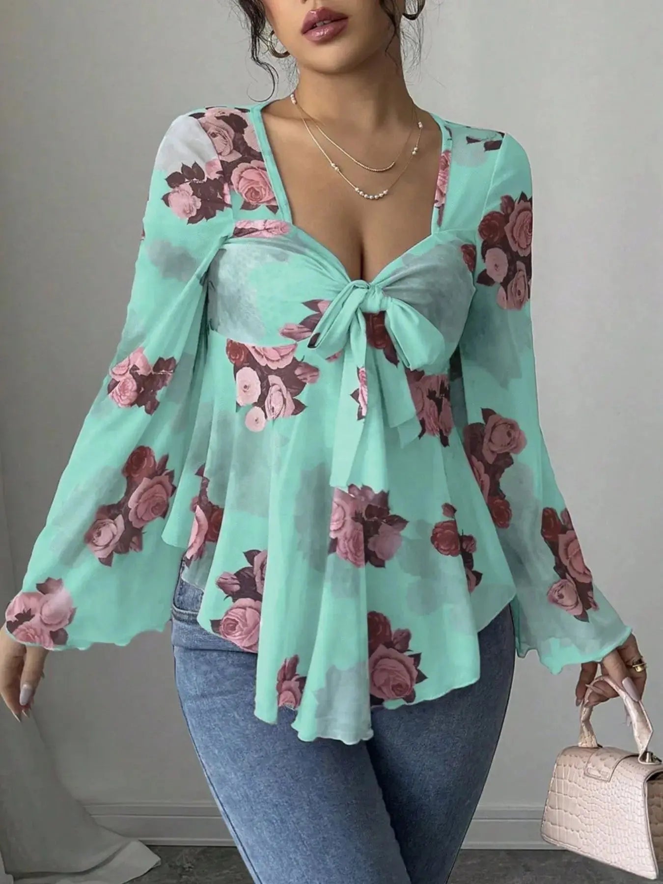 Floral Tie Front Flare Sleeve Blouse - Be Bliss Boutique
