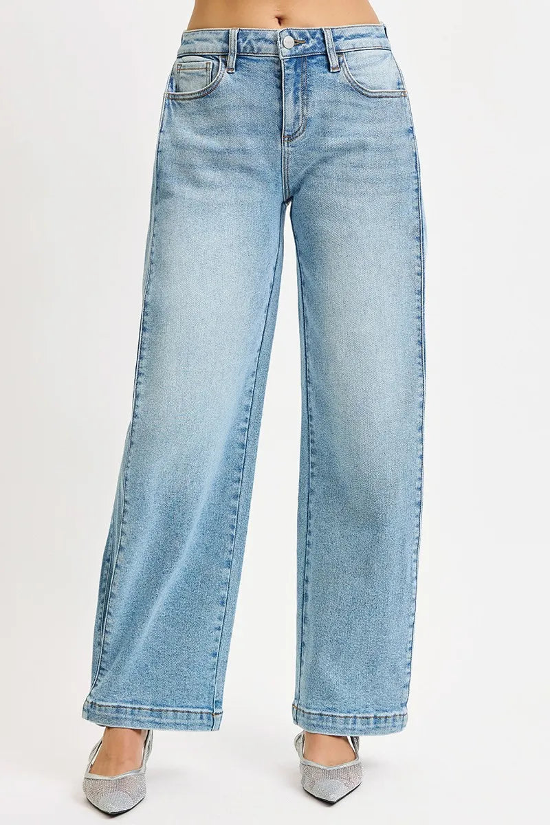 RISEN Jeans - Mid Rise Wide Barrel Transferable Leg Snap Jeans - Be Bliss Boutique