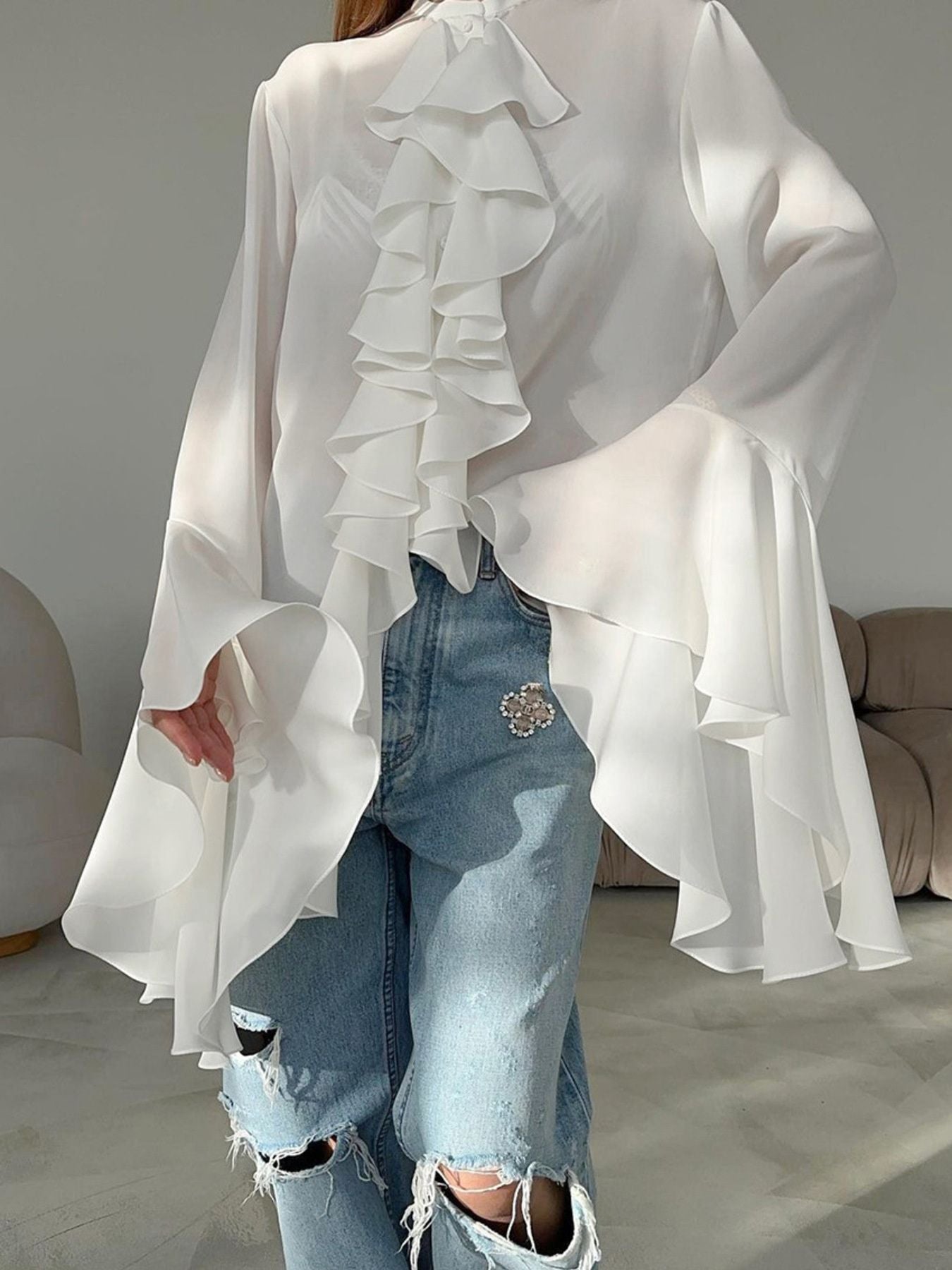 Ruffle Trim Flounce Sleeve Blouse - Be Bliss Boutique