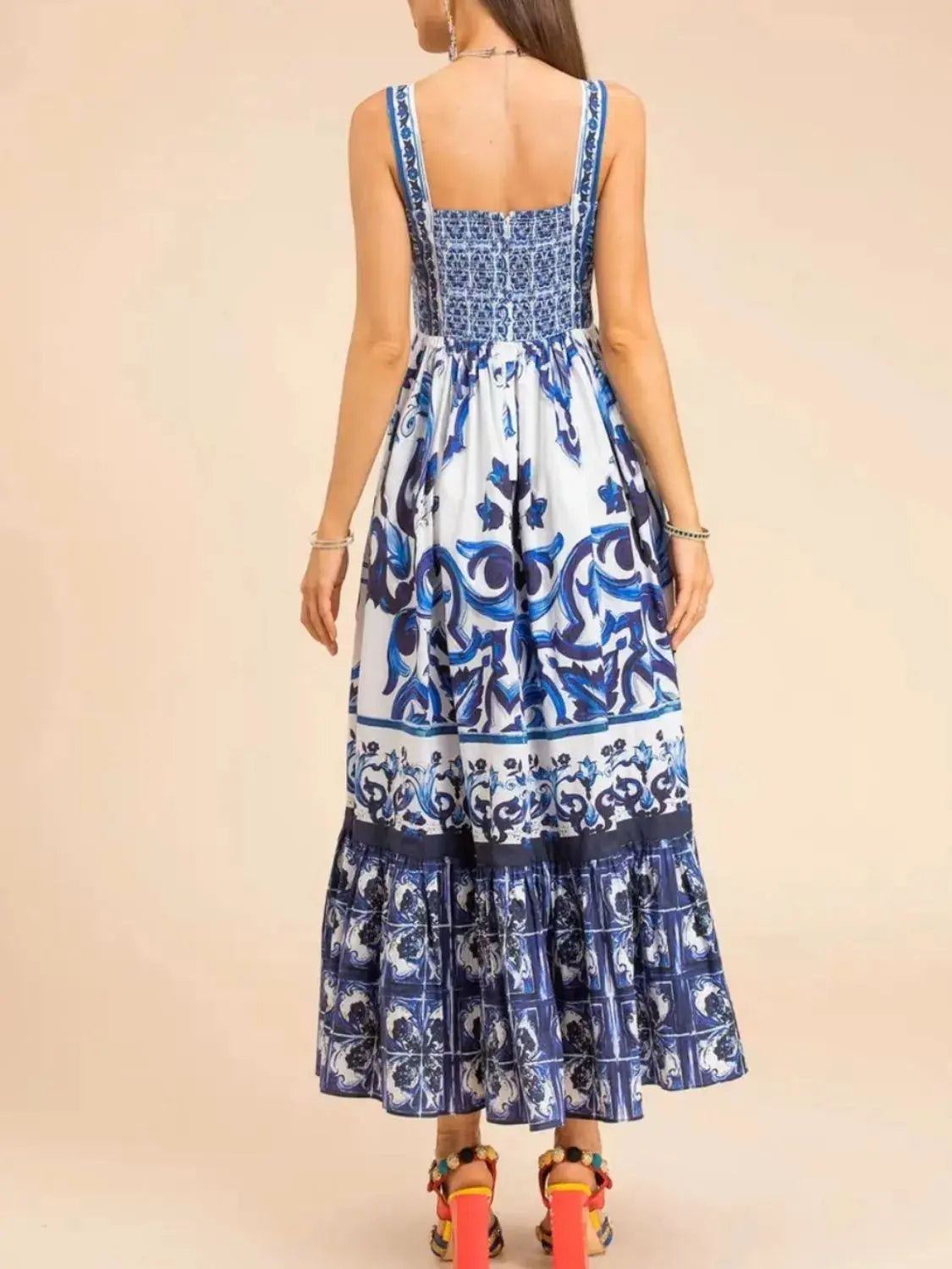 Smocked Blue Tile Print Wide Strap Midi Dress - Be Bliss Boutique