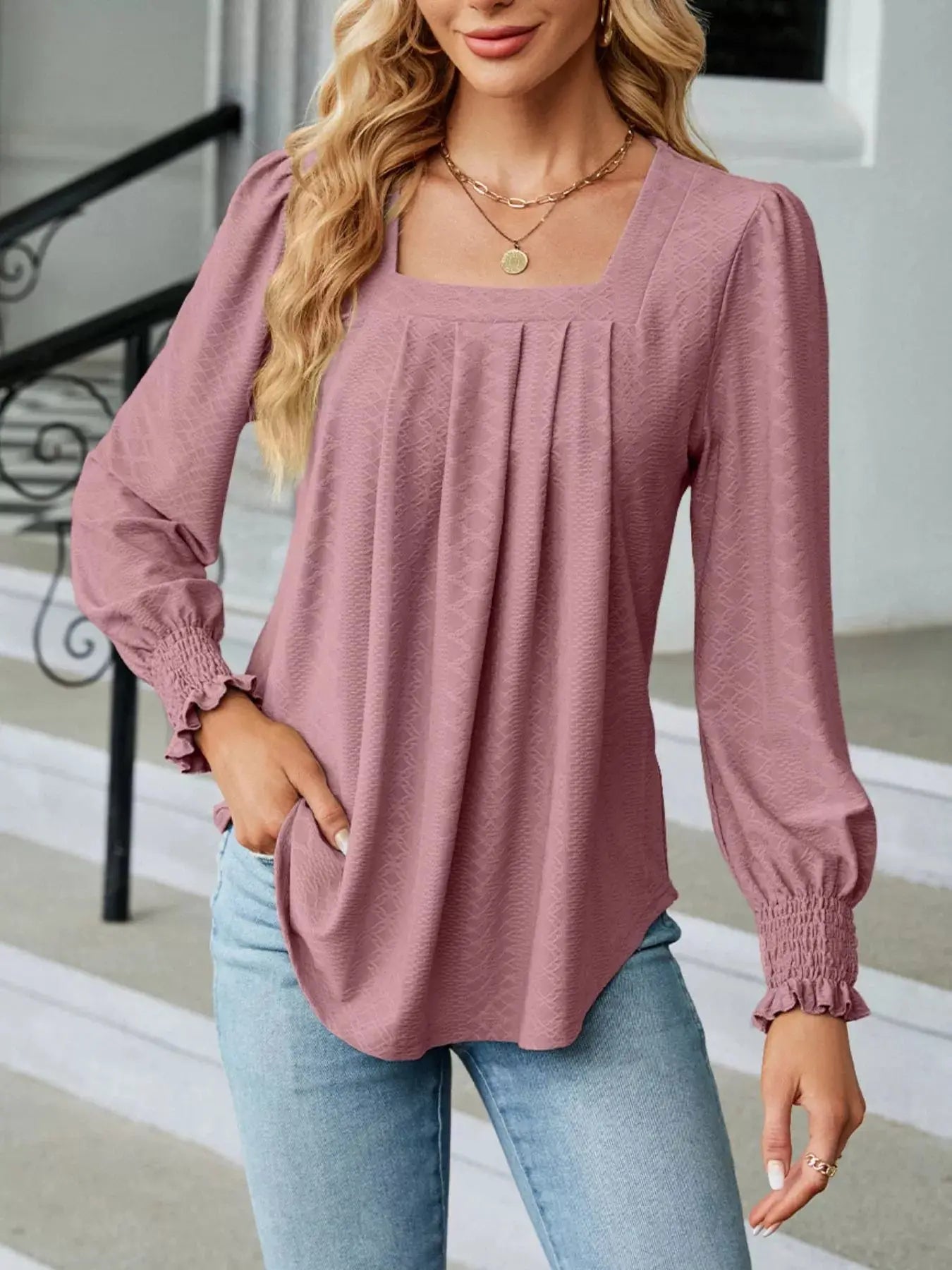 Pleated Square Neck Long Sleeve Top - Be Bliss Boutique