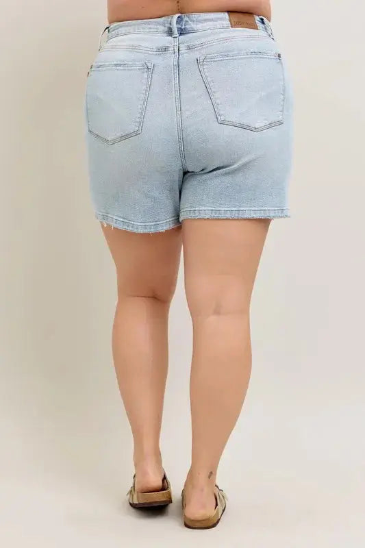 Judy Blue Jeans - Plus Size Frayed Hem High Rise Denim Shorts with Pockets - Be Bliss Boutique