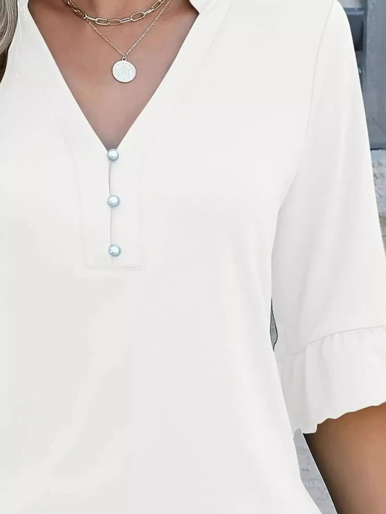 Full Size Notched Flounce Sleeve Blouse - Be Bliss Boutique