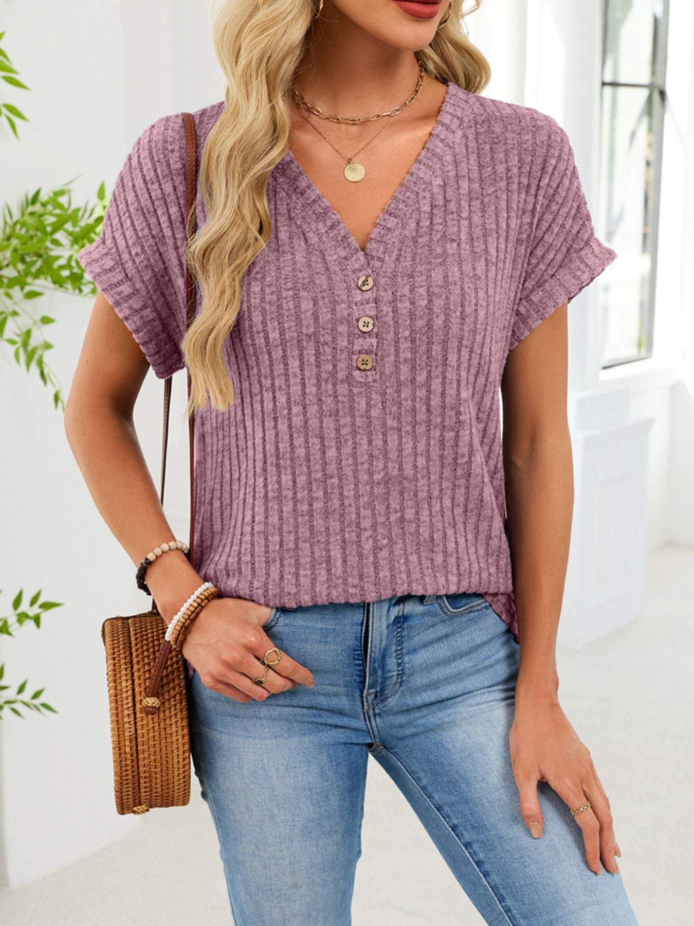 V Neck Ribbed Knit T Shirt - Be Bliss Boutique