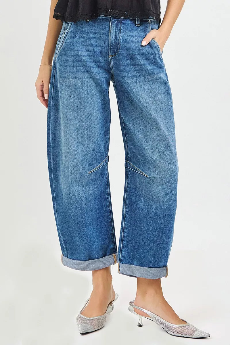 RISEN Jeans - Slouchy Cropped Barrel Jeans With Cuffed Hem - Be Bliss Boutique