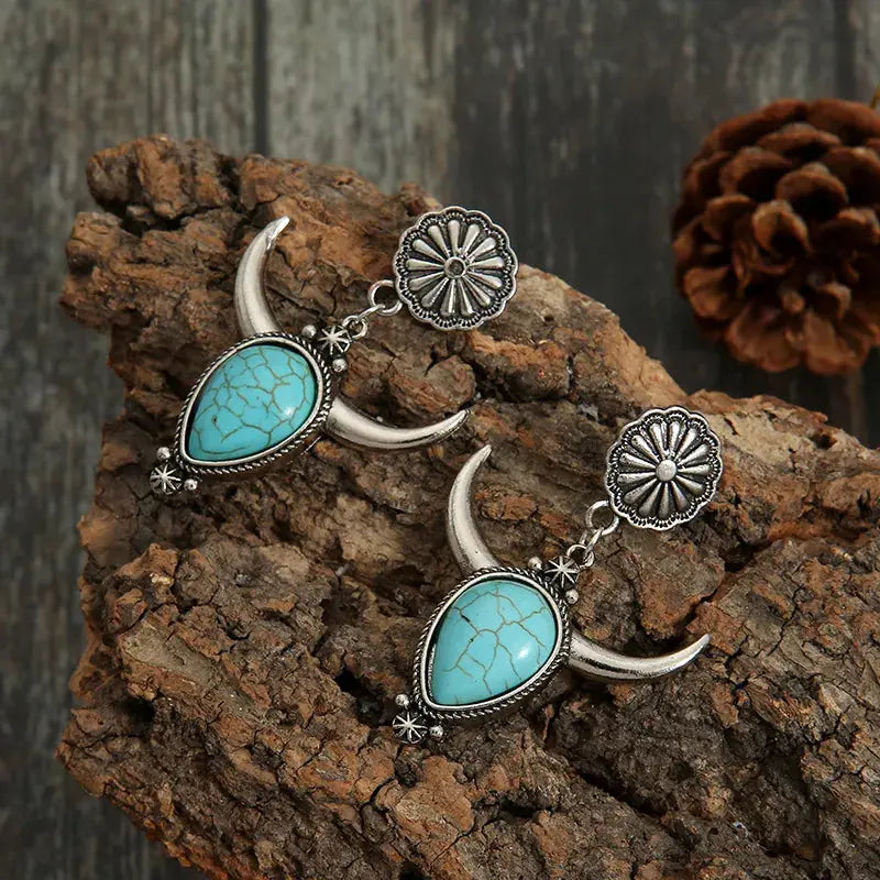 Western Cow Head Turquoise Statement Earrings - Be Bliss Boutique