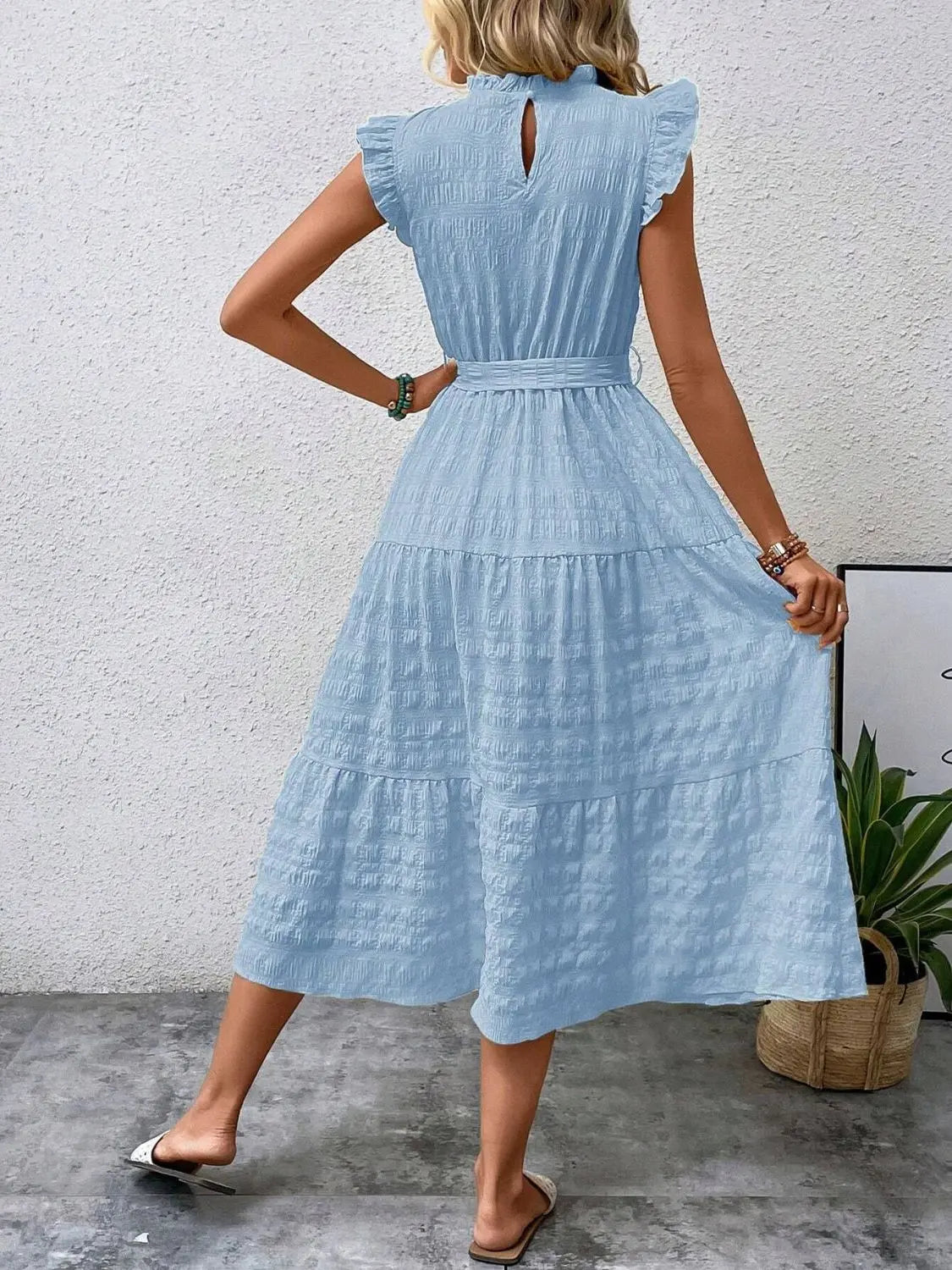 Tied Ruffled Cap Sleeve Midi Dress - Be Bliss Boutique