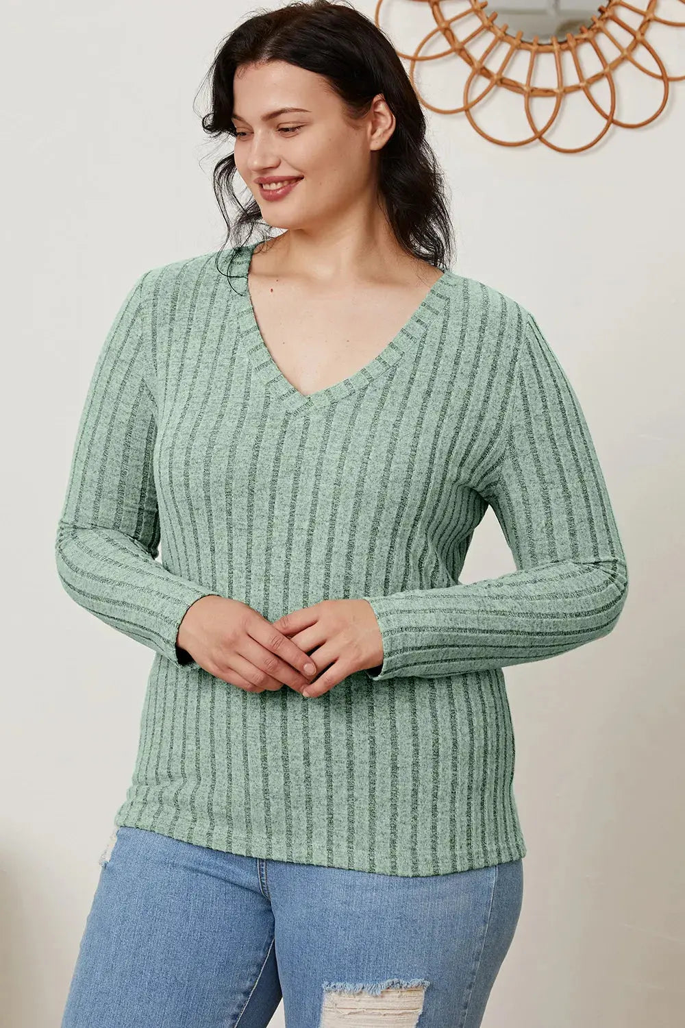 Basic Bae Full Size Ribbed V-Neck Long Sleeve T Shirt for Women - Be Bliss Boutique