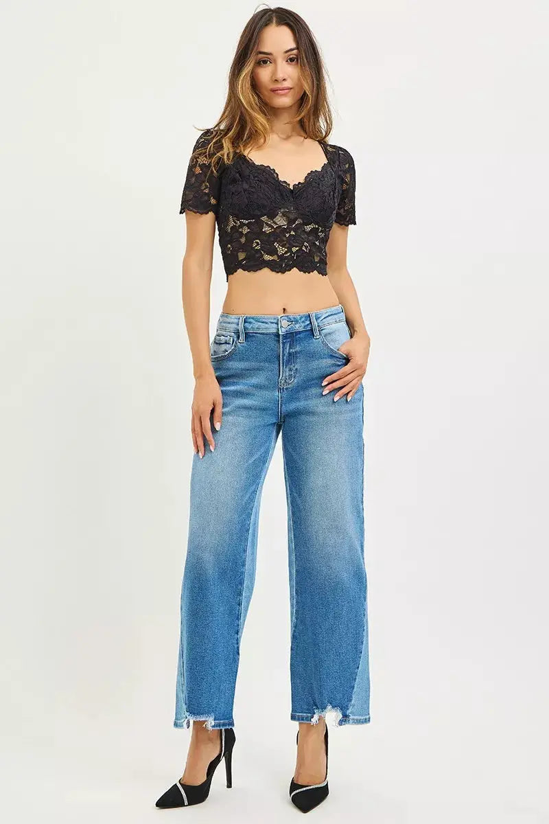 RISEN Jeans - Full Size Slouchy Cropped Barrel Jeans with Contrast Wash - Be Bliss Boutique
