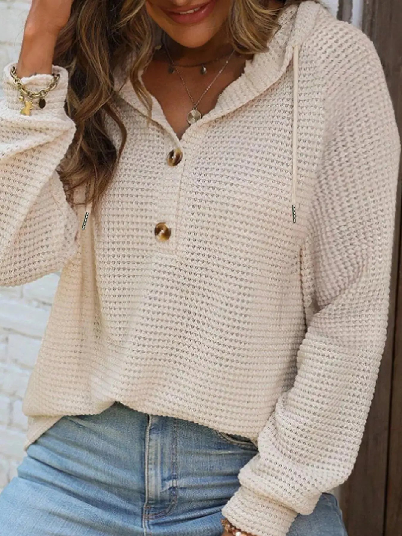 Casual Button Detail Waffle Knit Hoodie - Be Bliss Boutique