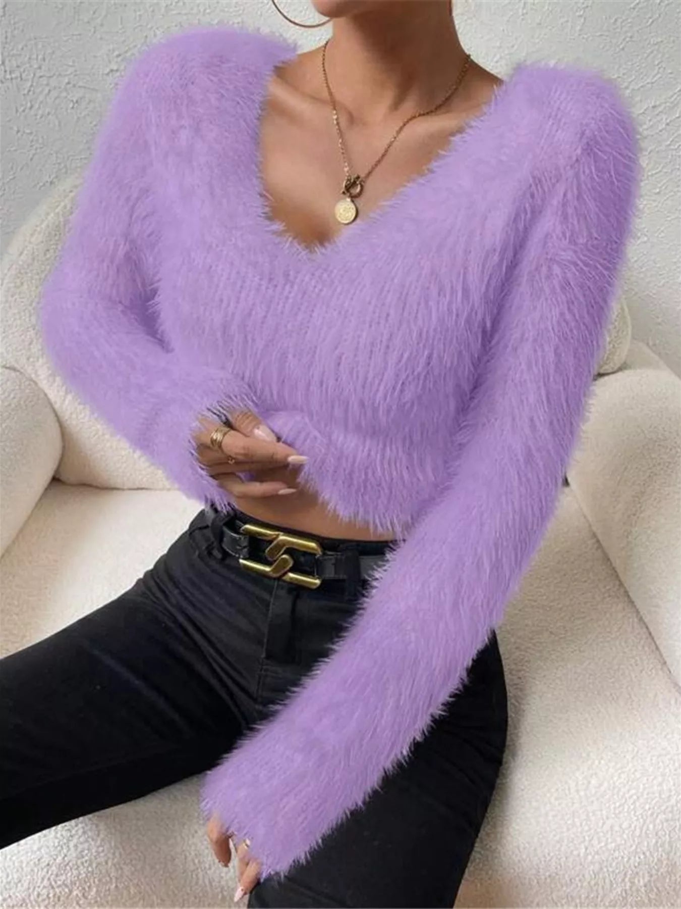 Fluffy Knit V Neck Sweater - Be Bliss Boutique