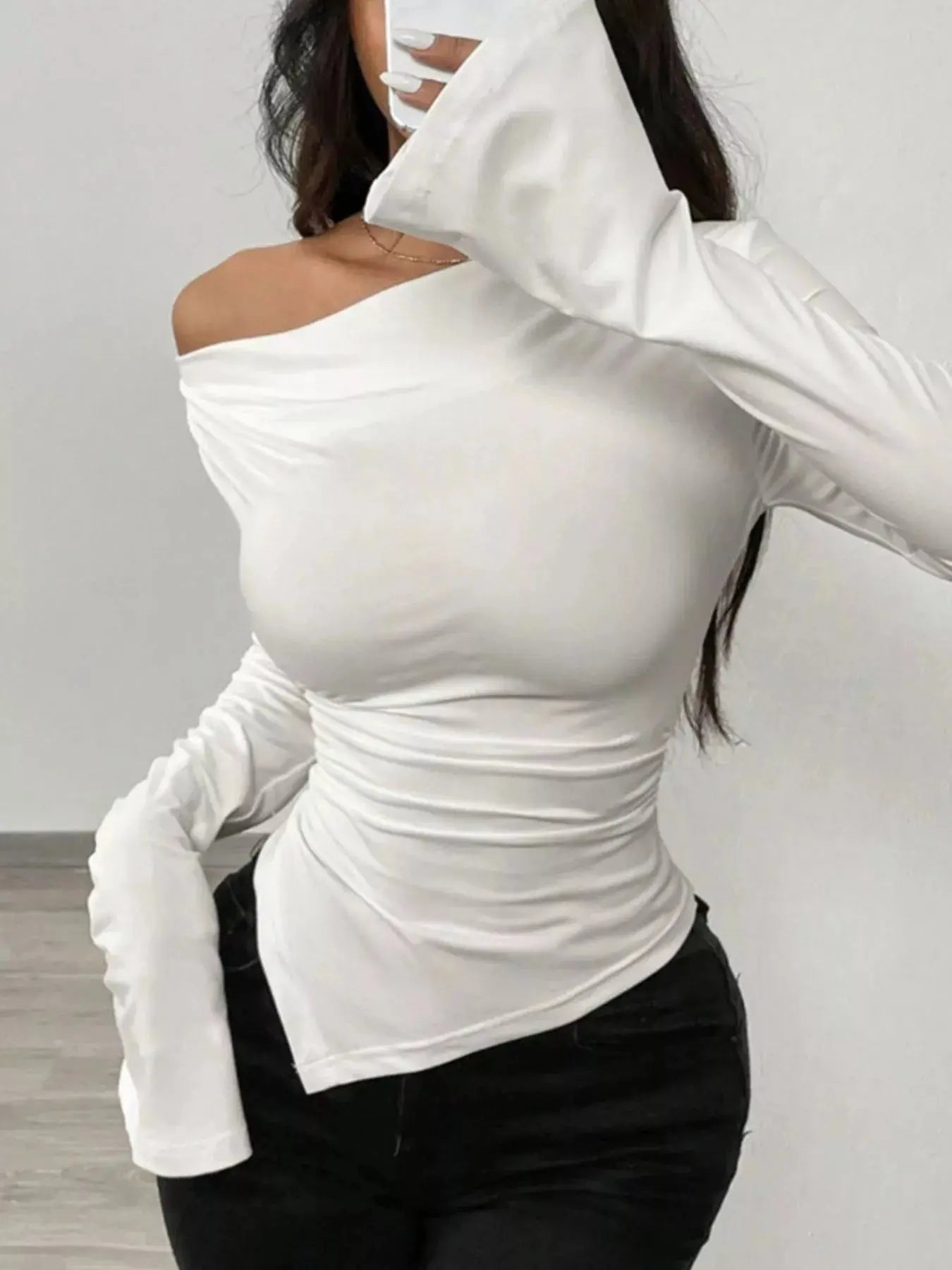 Asymmetrical Long Sleeve Fitted T Shirt - Be Bliss Boutique