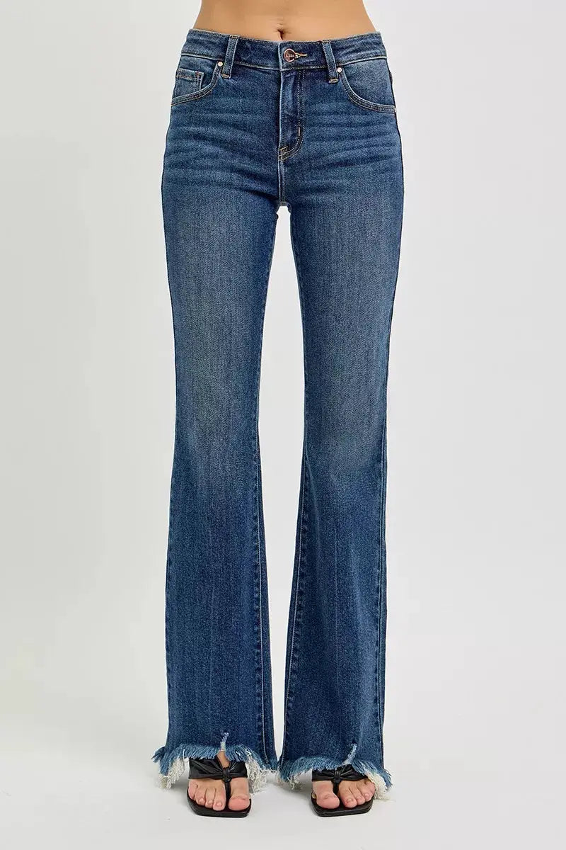 RISEN Jeans - Full Size Mid Rise Flare Frayed Hem Jeans - Be Bliss Boutique