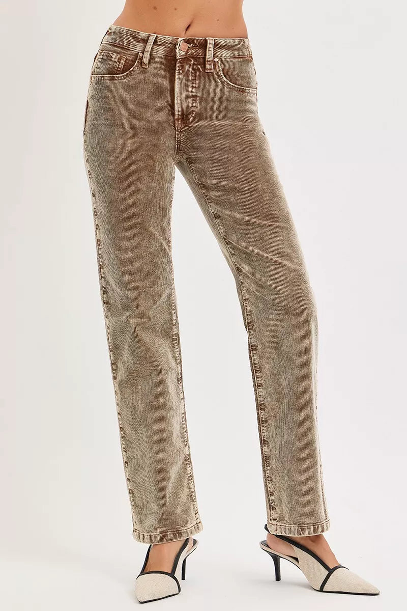 RISEN Tummy Control Mid Rise Straight Leg Corduroy Pants - Be Bliss Boutique