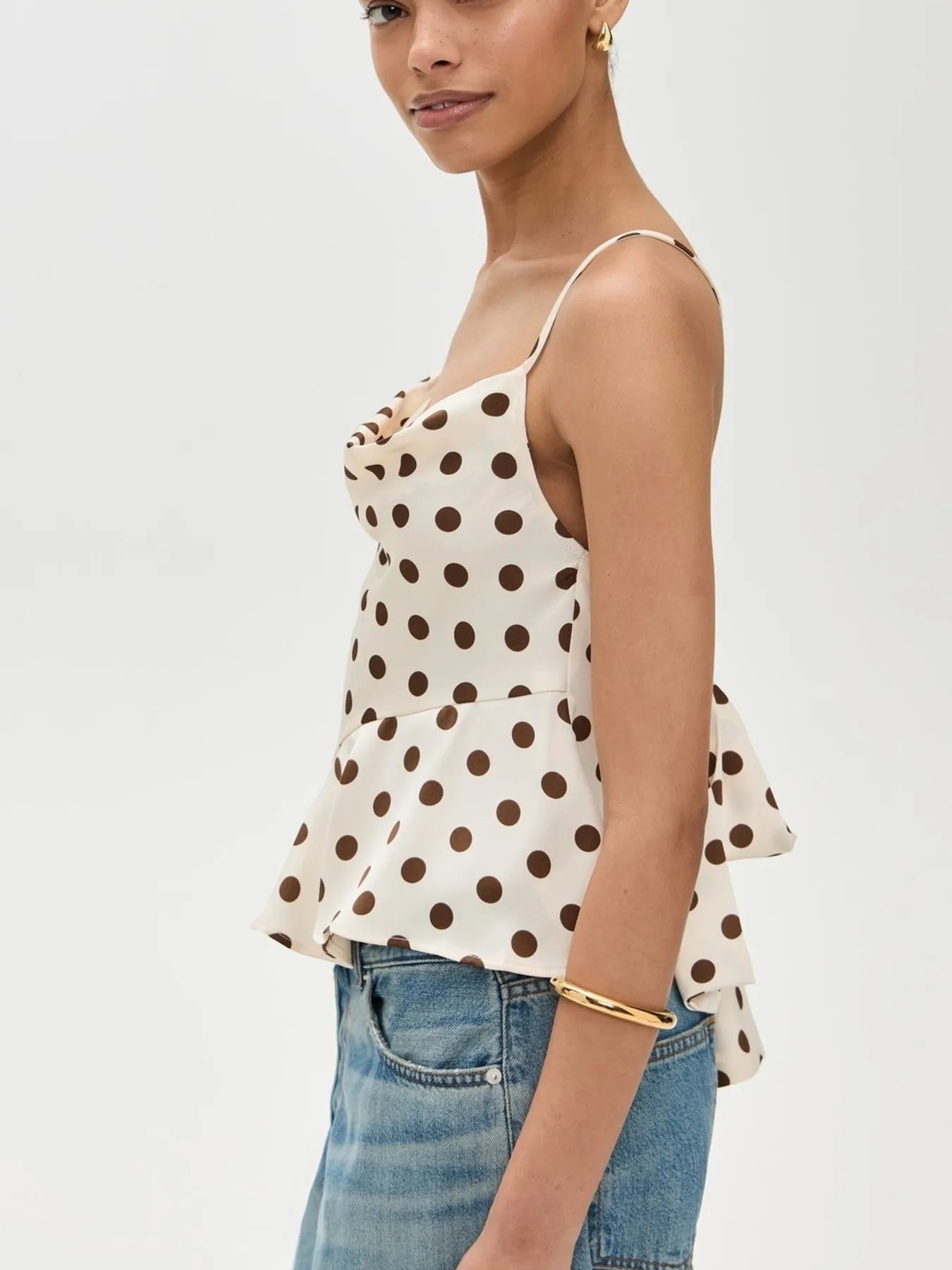 Cowl Neck Polka Dot Cami with Crisscross Back Tie - Be Bliss Boutique