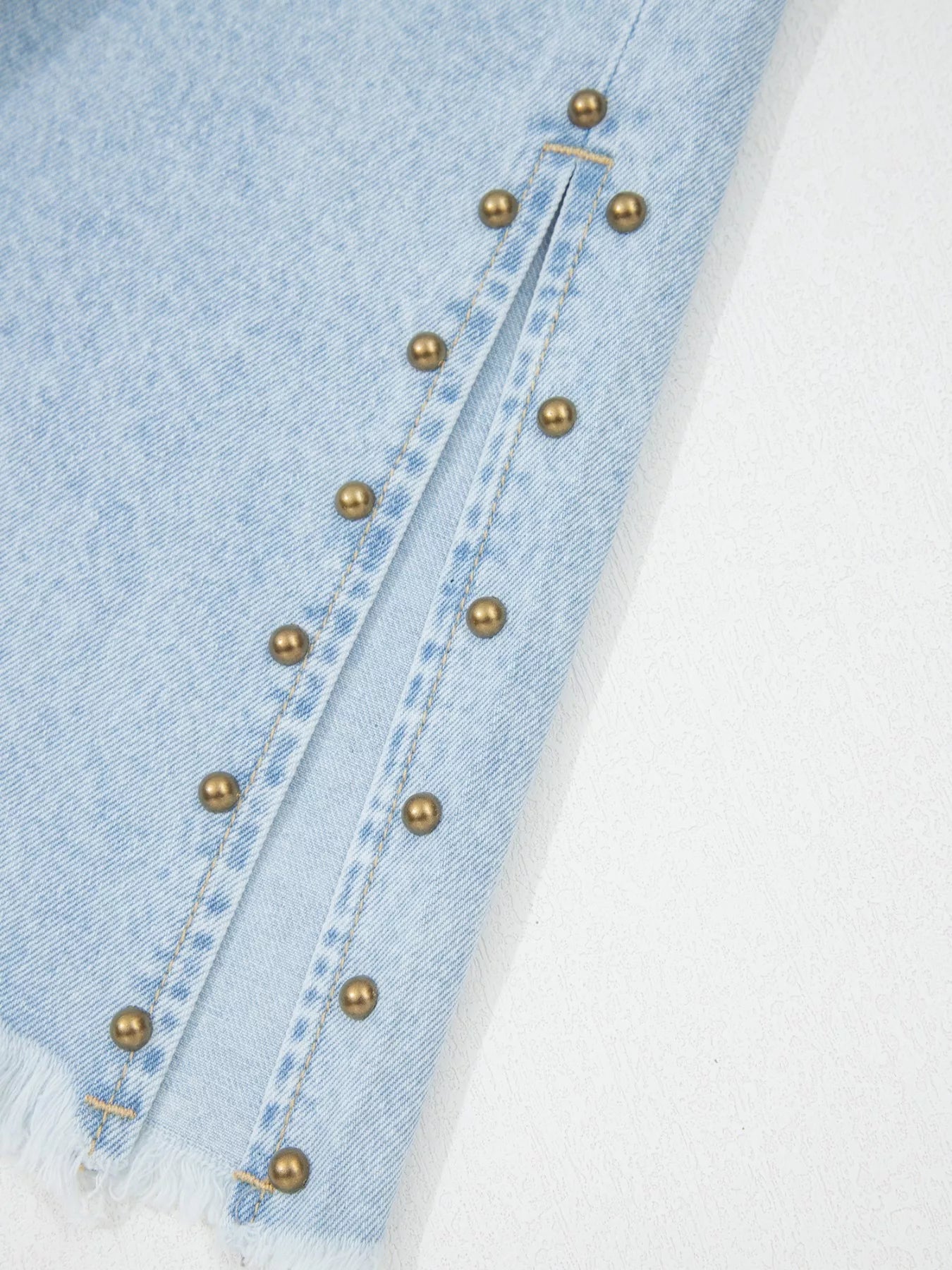 Studded Side Slit Leg Pocketed Frayed Wide Leg Jeans - Be Bliss Boutique