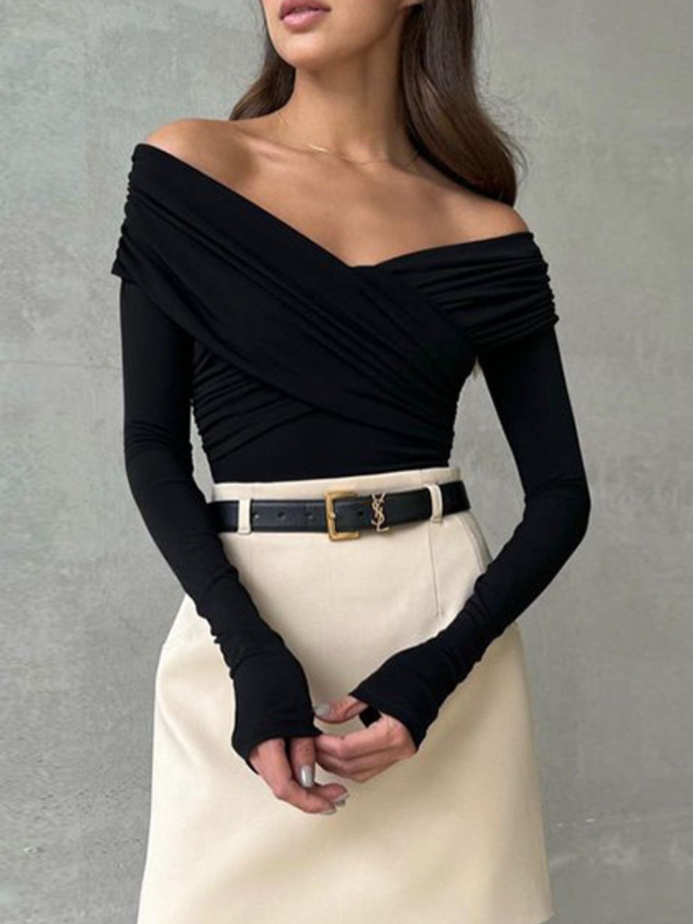 Off-Shoulder Ruched Long Sleeve Bodysuit - Be Bliss Boutique