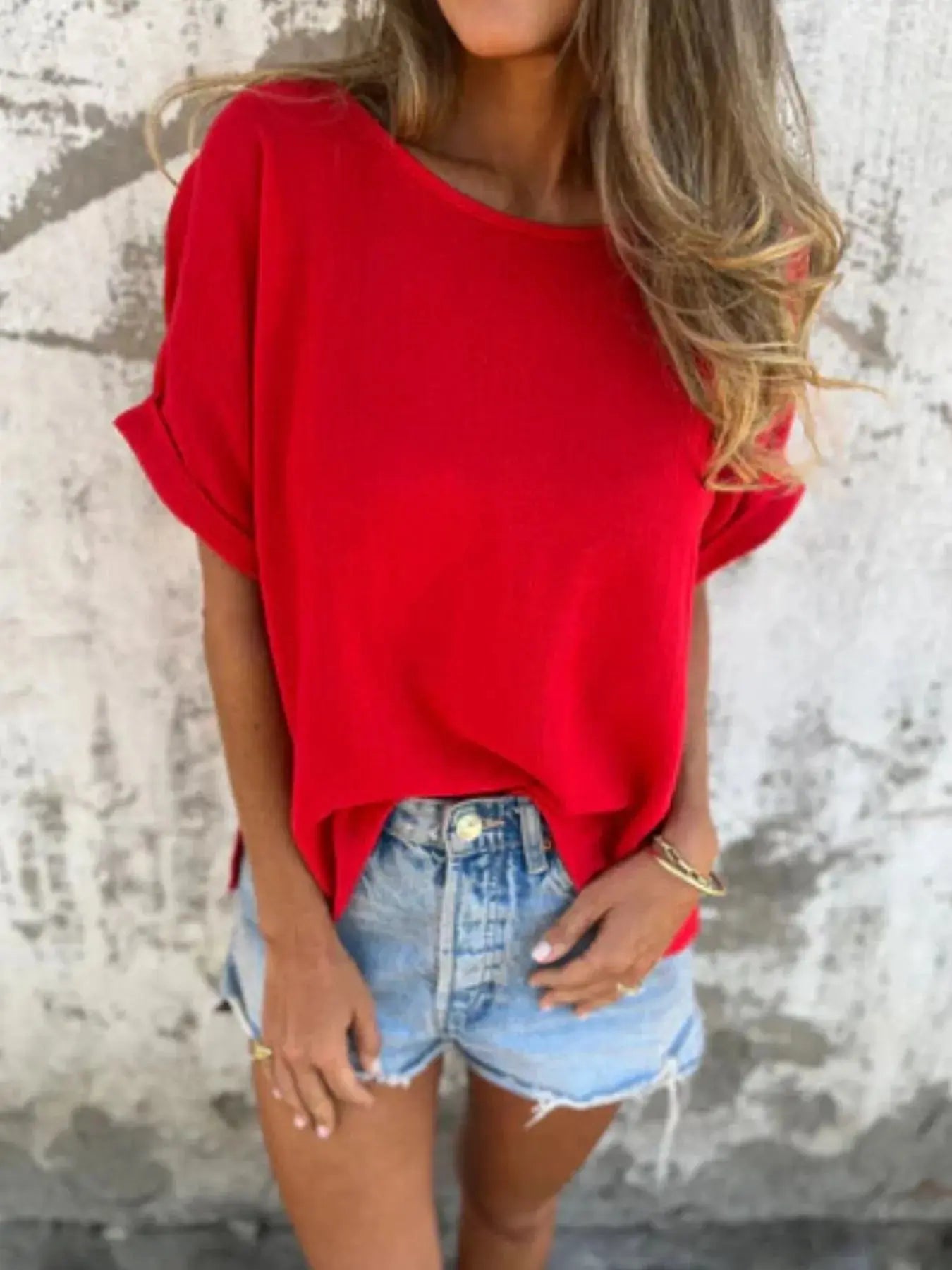 Full Size Relaxed Fit Rolled Sleeve T Shirt - Be Bliss Boutique