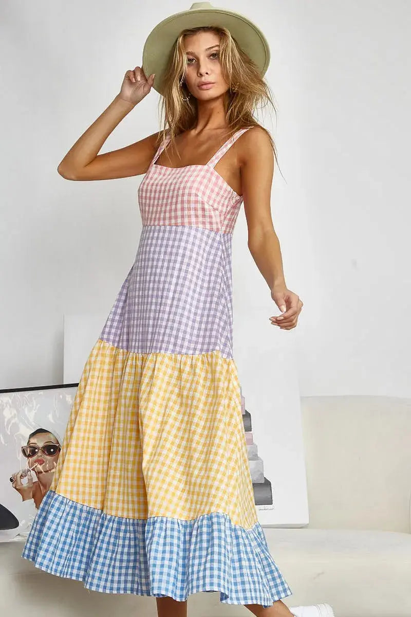 BiBi Color Block Tiered Gingham Dress - Be Bliss Boutique