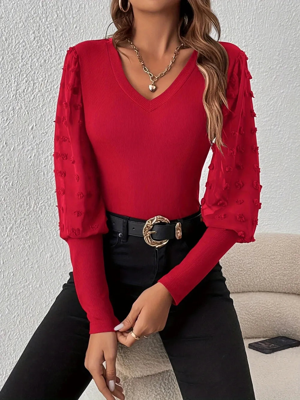 Swiss Dot V-Neck Long Sleeve Top - Be Bliss Boutique