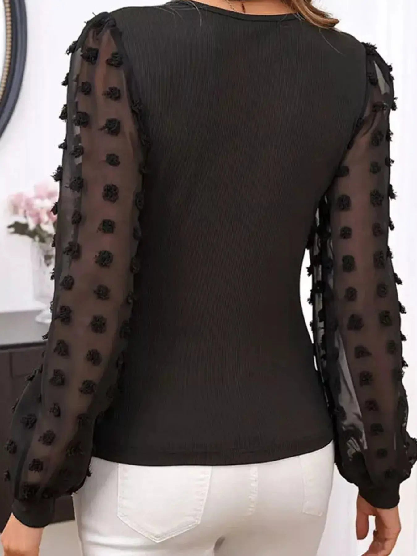 Ribbed V-Neck Mesh Sleeve Blouse - Be Bliss Boutique