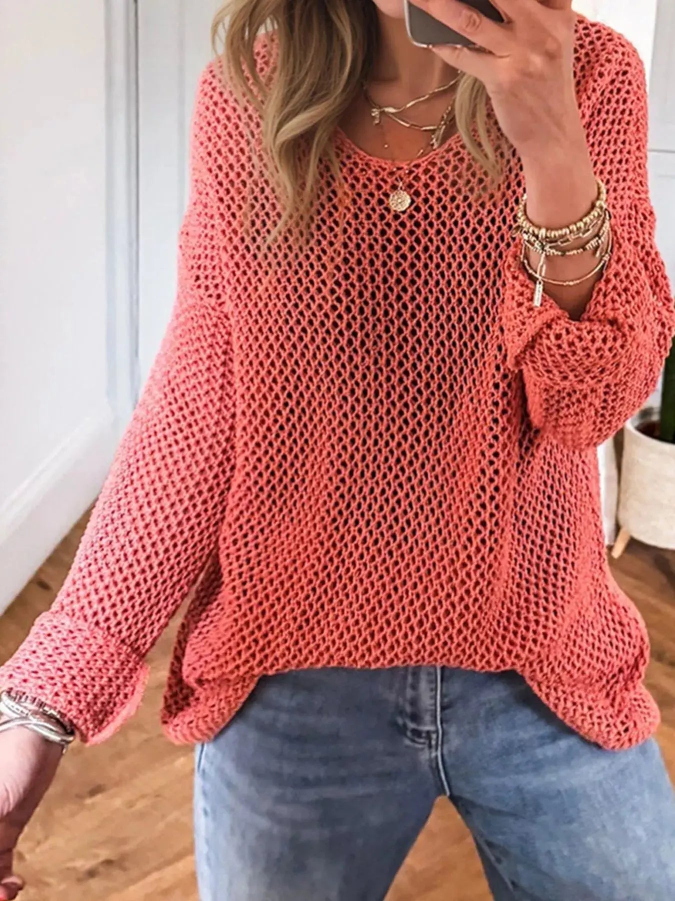 Crochet Hollow Out Long Sleeve Knit Top - Be Bliss Boutique