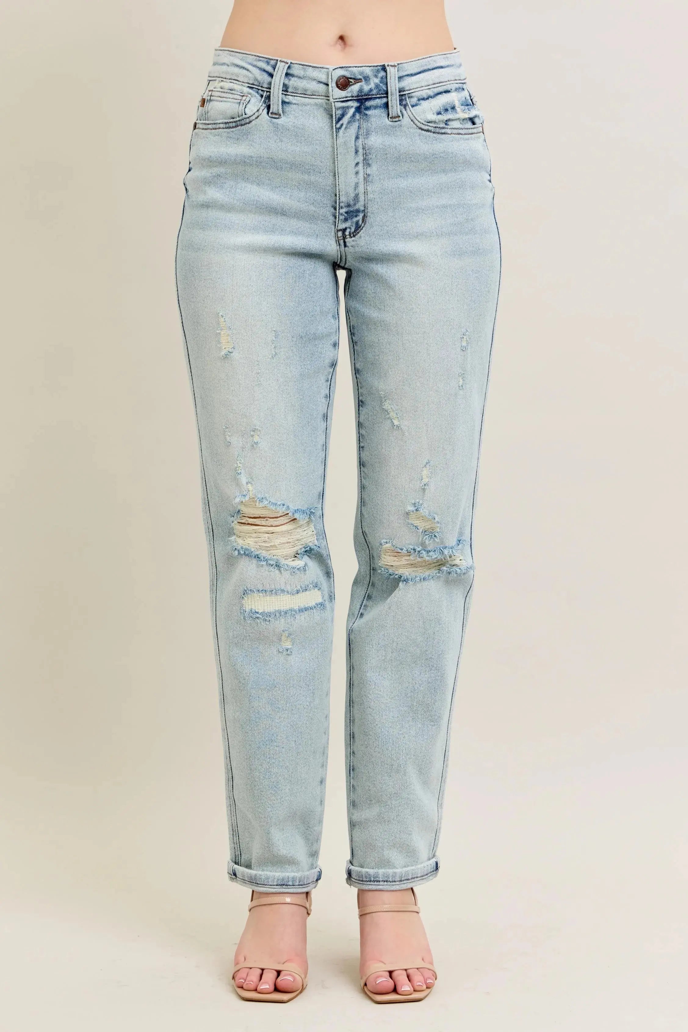 Judy Blue Jeans - Plus Size Mr Repair Stitch Detail Destroy Single Cuff Boyfriend Fit - Be Bliss Boutique