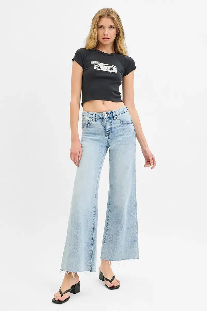 Full Size Tummy Control Low Rise Wide Leg Raw Cut Hem RISEN Jeans - Be Bliss Boutique
