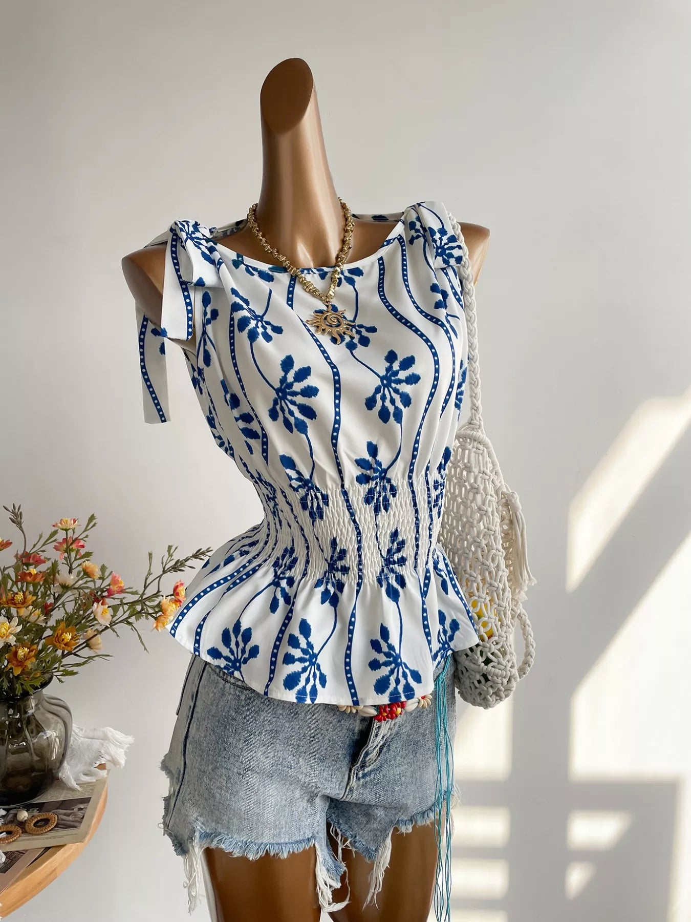 Smocked Tie Shoulder Blouse - Be Bliss Boutique