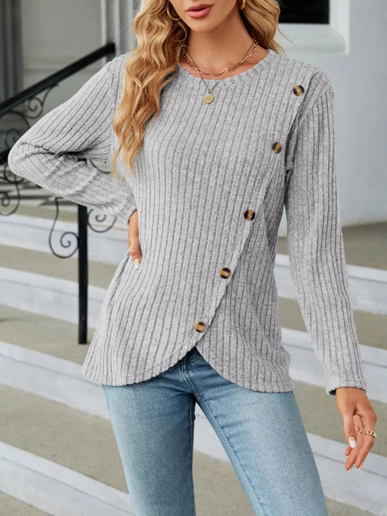 Decorative Button Ribbed Knit T Shirt - Be Bliss Boutique