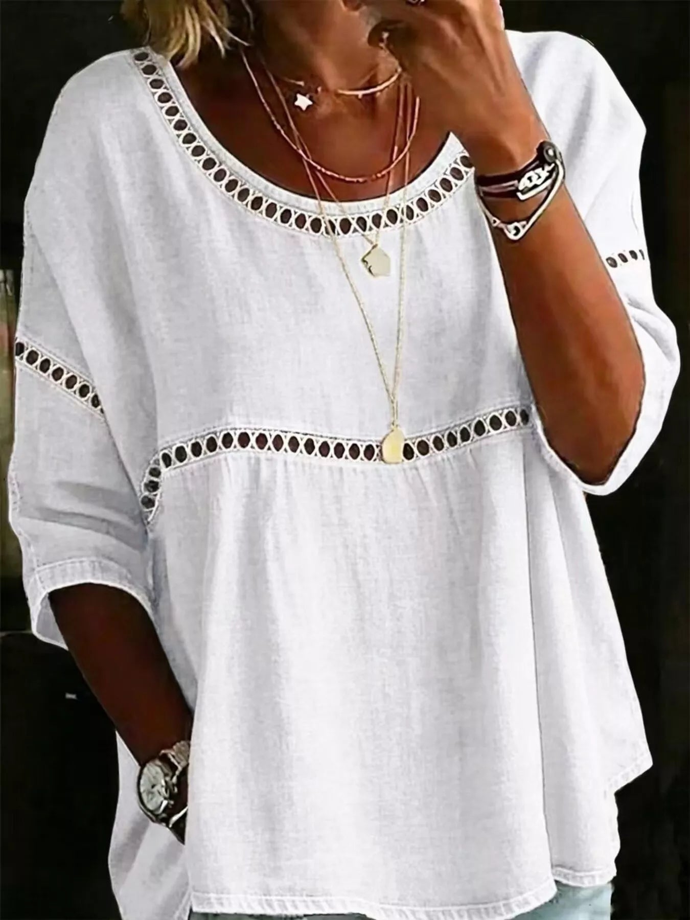 Full Size Hollow Out Round Neck Top - Be Bliss Boutique