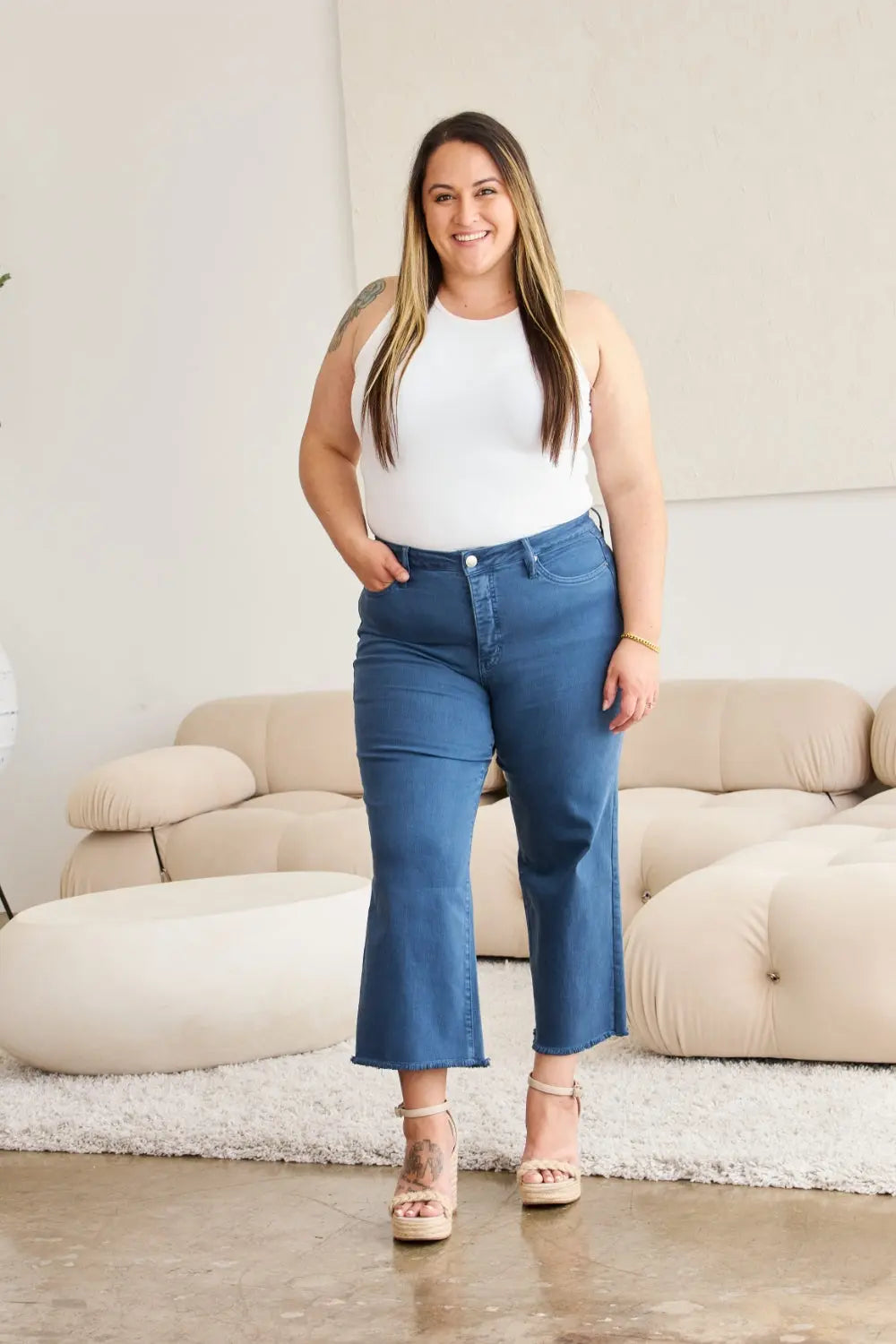 RFM Crop Full Size Tummy Control High Waist Raw Hem Jeans - Be Bliss Boutique