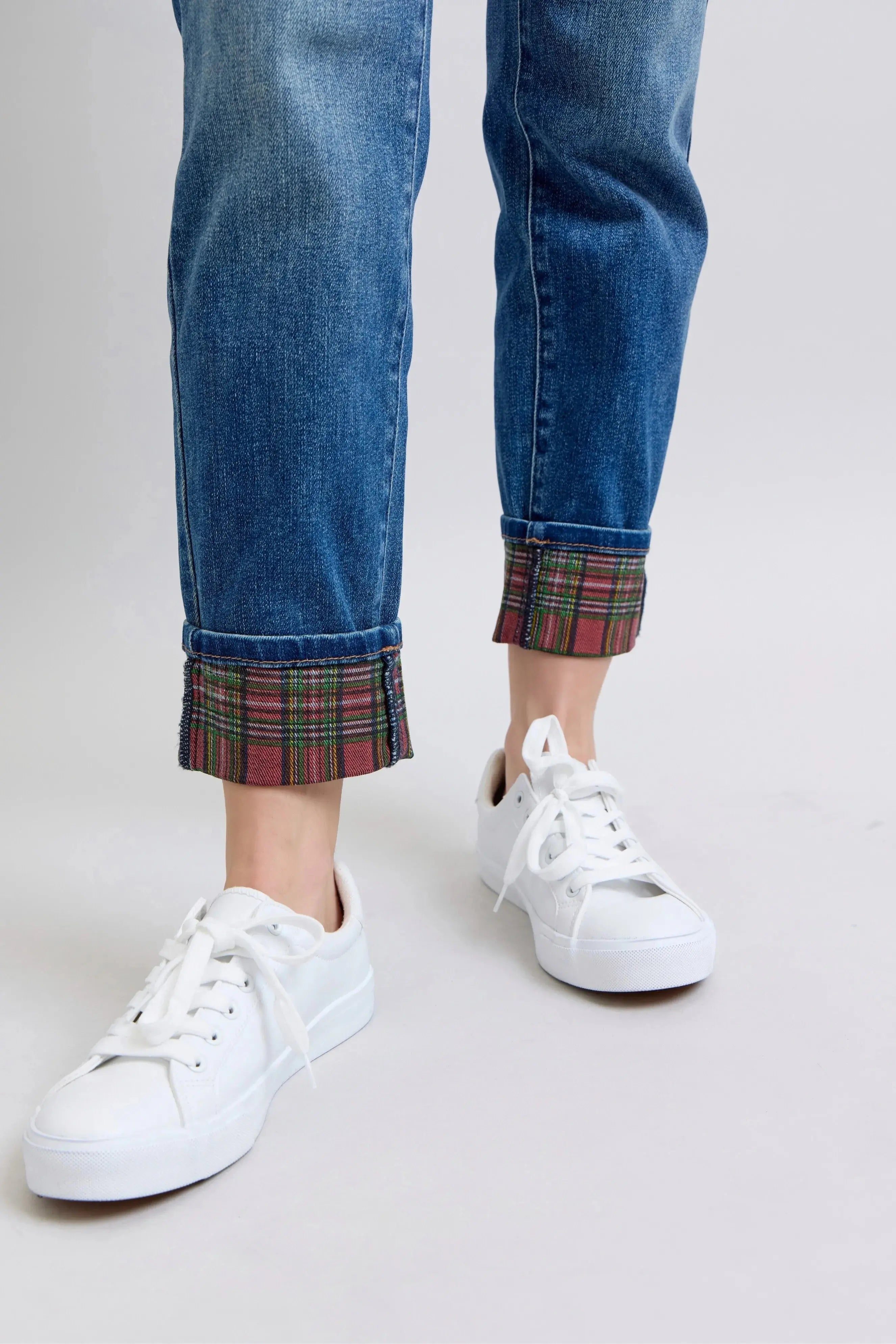 Plaid Cuff Boyfriend Judy Blue Jeans – Mid Rise Straight Leg - Be Bliss Boutique