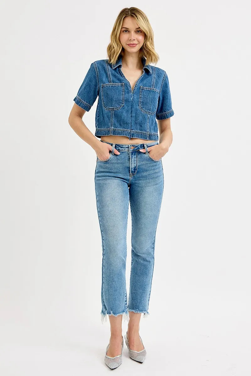Full Size High Rise Crop Straight Slim Medium Wash RISEN Jeans - Be Bliss Boutique