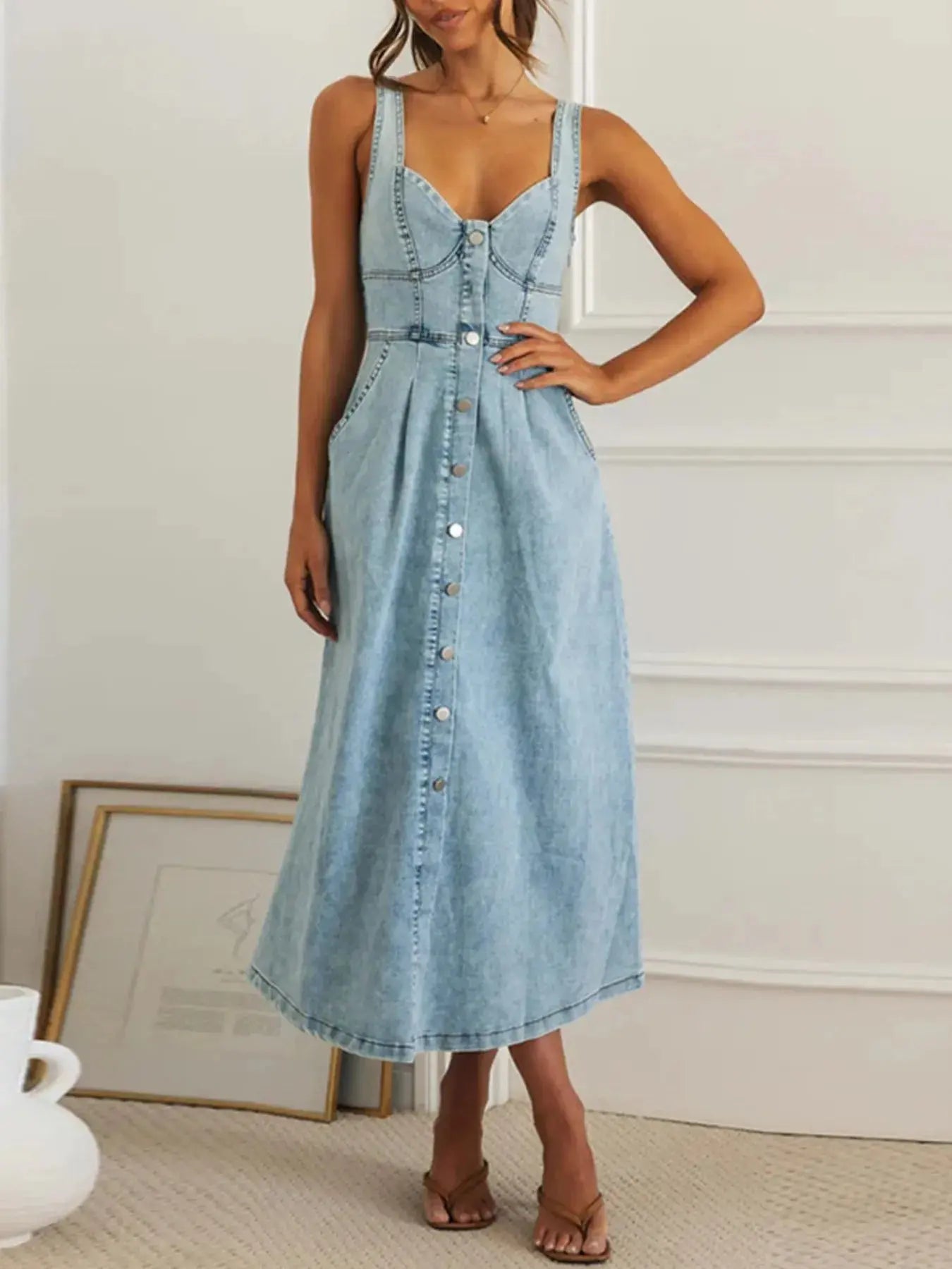 Sweetheart Neck Button-Front Pocketed Denim Midi DressĀ -Ā Be Bliss Boutique
