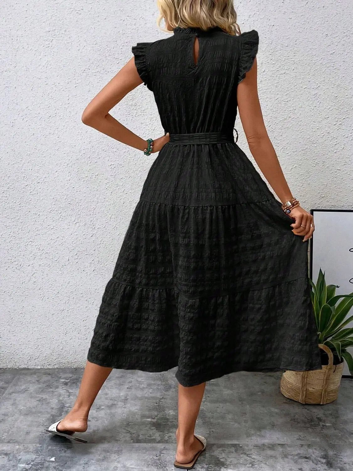 Tied Ruffled Cap Sleeve Midi Dress - Be Bliss Boutique