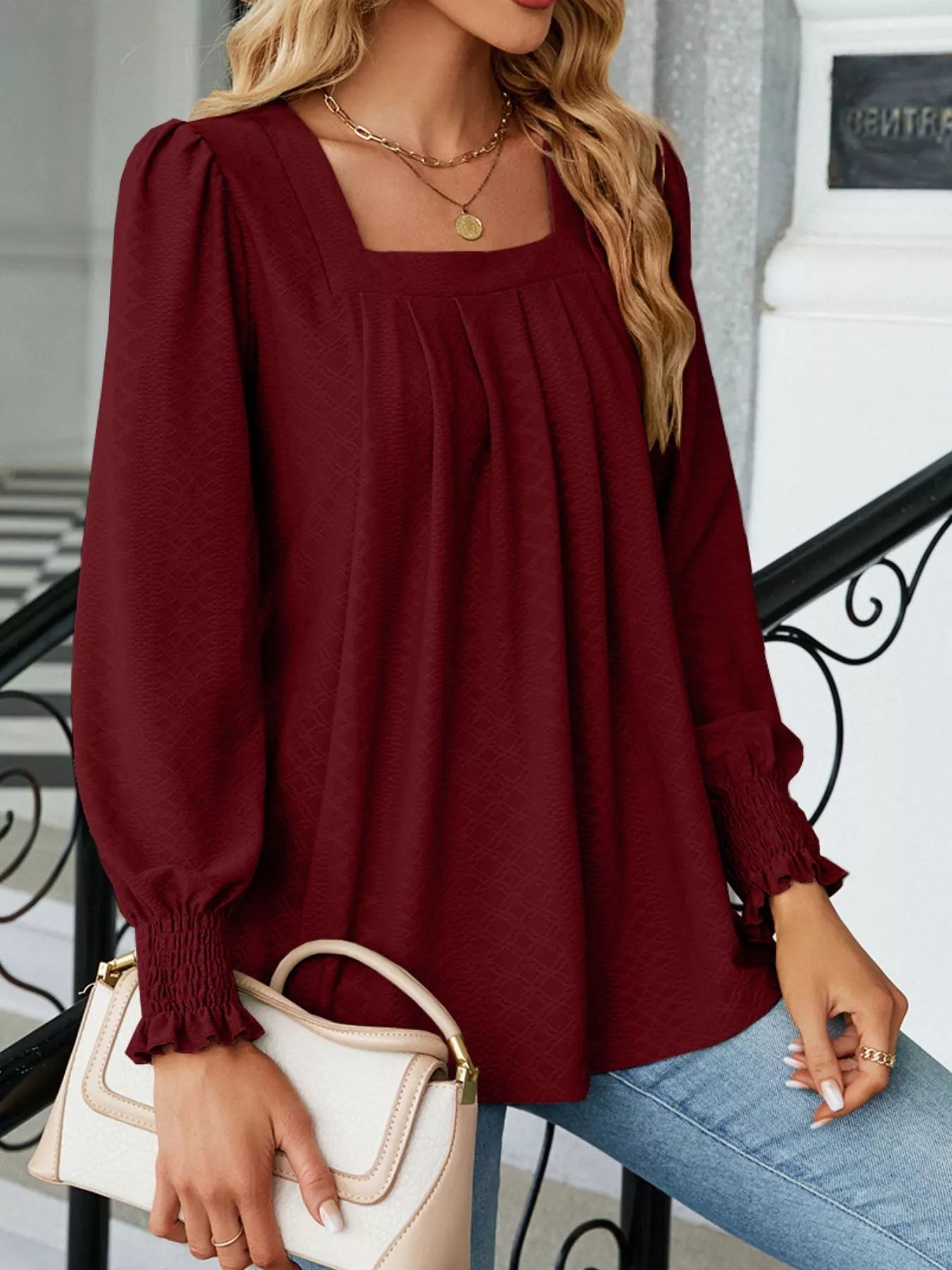 Pleated Square Neck Long Sleeve Top -  Be Bliss Boutique