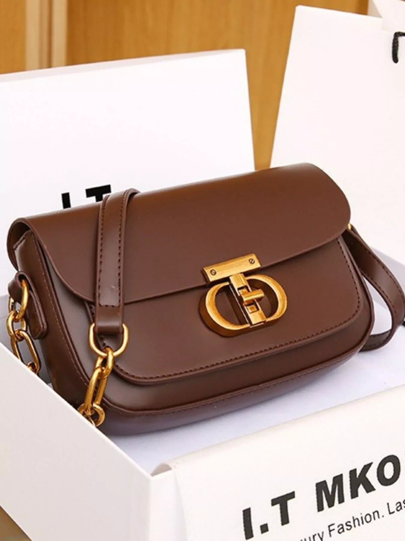 Classic Gold Lock Leather Flap Shoulder Bag - Be Bliss Boutique