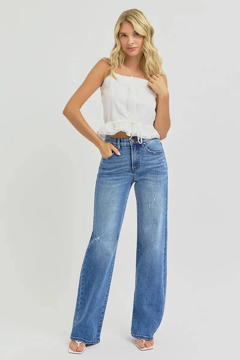 Full Size Tummy Control Elastic Band High Rise Wide RISEN Jeans - Be Bliss Boutique