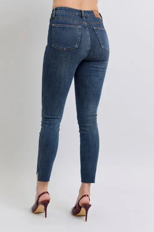 Full Size High Waist Tummy Control Step Hem Skinny Judy Blue Jeans - Be Bliss Boutique