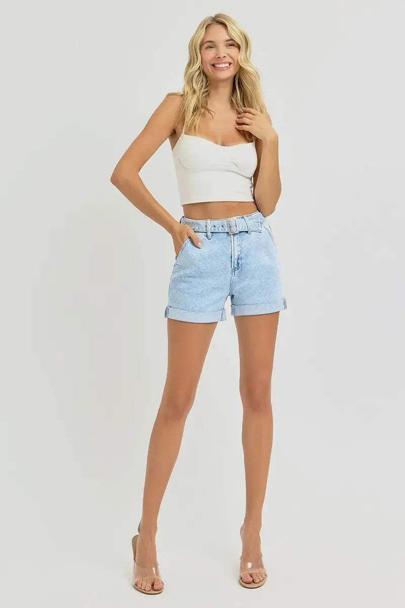 Full Size/Plus Size High Rise Belted Roll Up Shorts by RISEN Jeans - Be Bliss Boutique