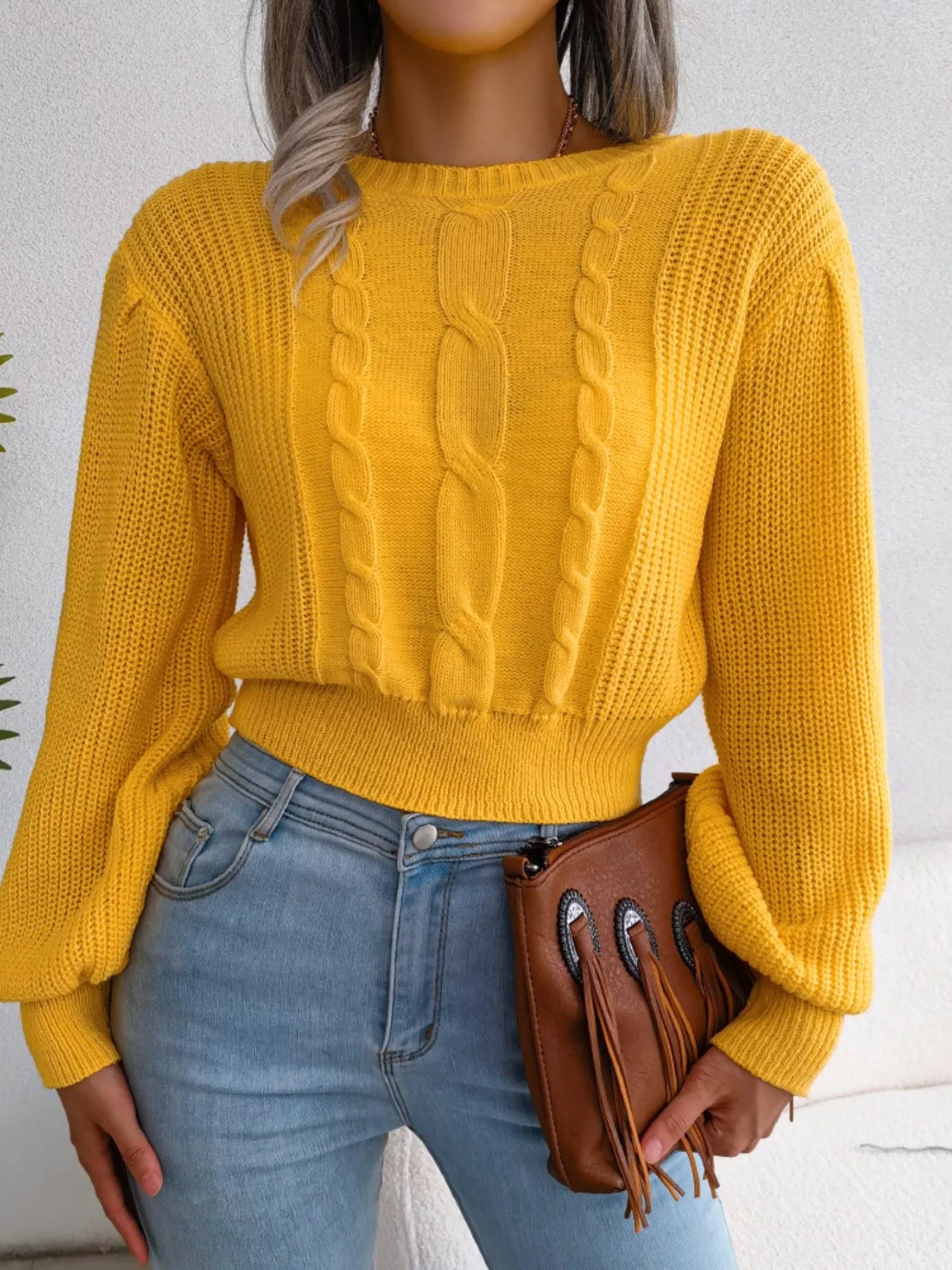 Cable Knit Round Neck Cropped Sweater - Be Bliss Boutique