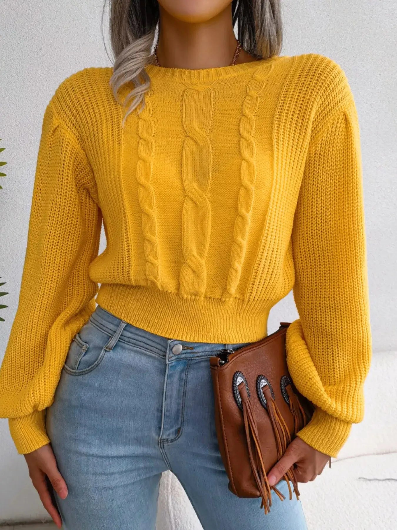Cable Knit Crew Neck Cropped Sweater - Be Bliss Boutique