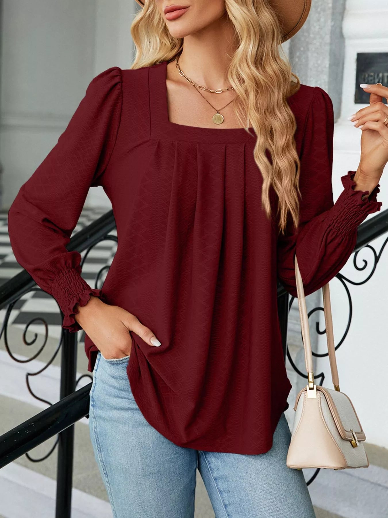 Pleated Square Neck Long Sleeve Top -  Be Bliss Boutique