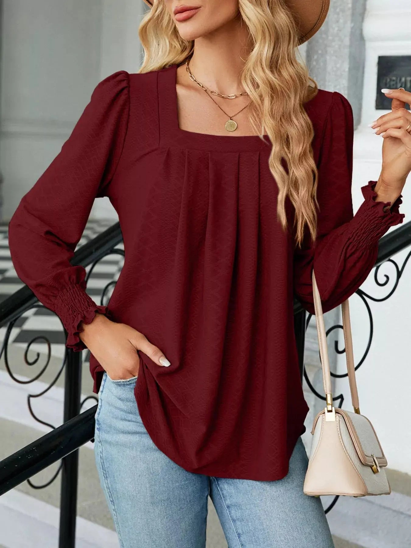 Pleated Square Neck Long Sleeve Top - Be Bliss Boutique